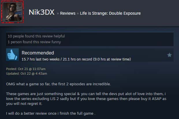 Screenshot showing a Steam review for Life is Strange: Double Exposure.